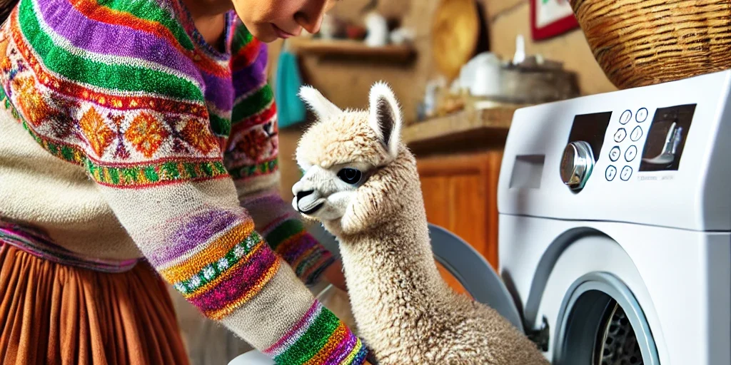 DALL·E 2025-02-14 21.15.03 – An Andean woman placing an alpaca sweater into a washing machine. She is wearing colorful traditional clothing, and the setting is a simple home envir