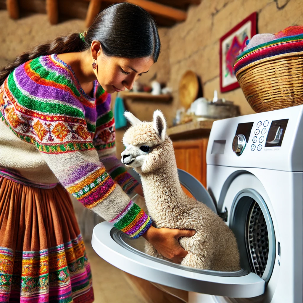 DALL·E 2025-02-14 21.15.03 – An Andean woman placing an alpaca sweater into a washing machine. She is wearing colorful traditional clothing, and the setting is a simple home envir