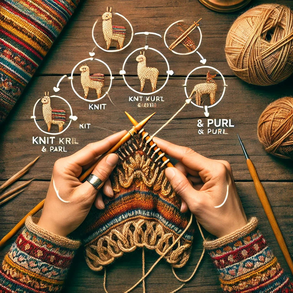 DALL·E 2025-02-14 21.48.40 – A step-by-step visual guide of Andean hand knitting techniques using alpaca yarn. The image shows hands knitting with wooden needles, demonstrating di