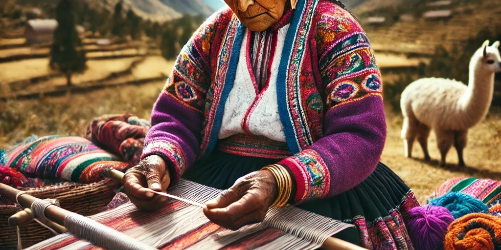 alpaca textile. The artisan is seated outdoors in a natural Andean
