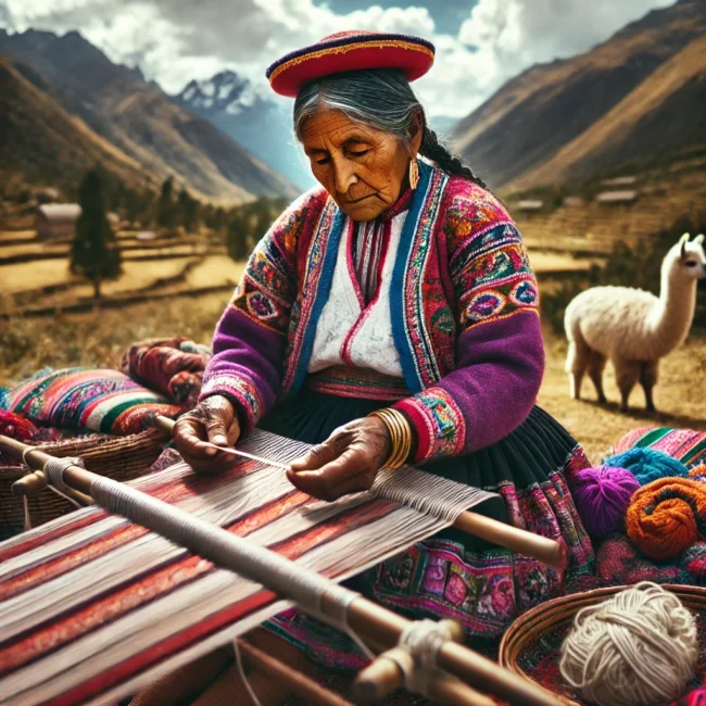 alpaca textile. The artisan is seated outdoors in a natural Andean