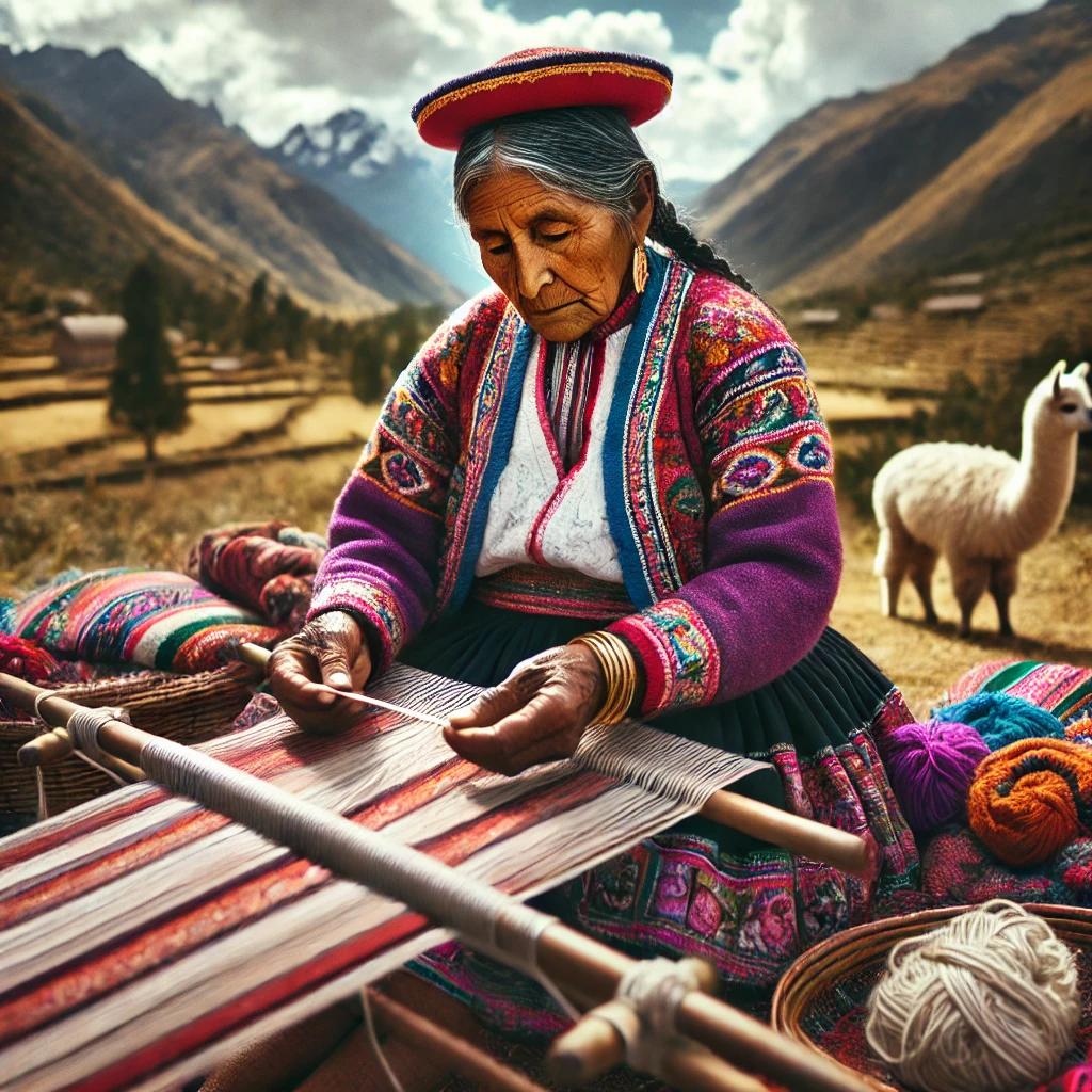 alpaca textile. The artisan is seated outdoors in a natural Andean